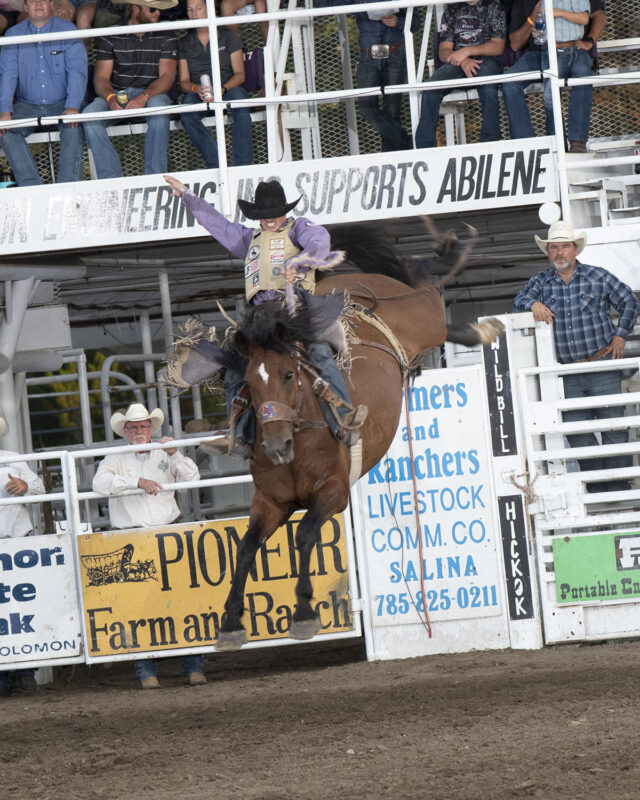 Hardy Braden on P5 Capone; Hardy Braden, Welch, Okla., is the saddle bronc riding champion at the 2022 Abilene Rodeo. Photo by Fly Thomas.